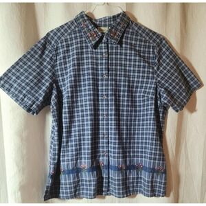 Classic Elements Woman BLUE PLAID‎ Cotton with Embroidery BLOUSE Shirt TOP 18W